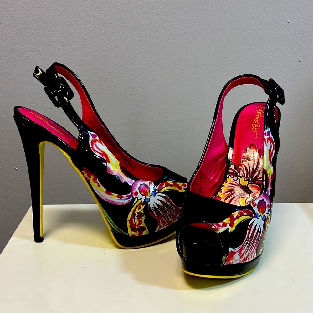 Used pair of Ed Hardy peep toe heels